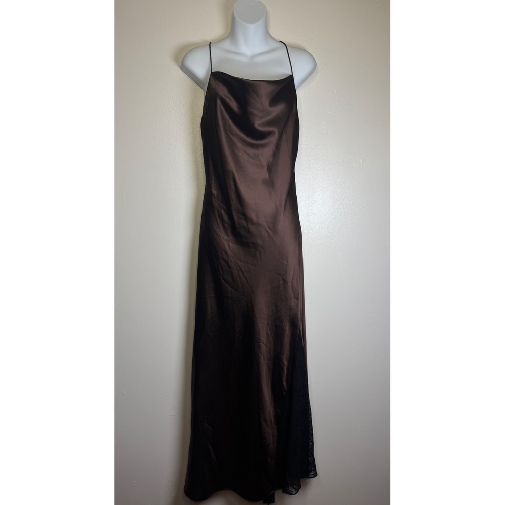 Line and Dot Brown Satin Cowl Neck Lace Slit Maxi Dress Small Open Back - Picture 3 of 12
